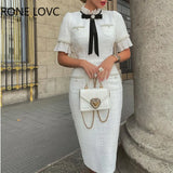 Women Elegant Round Neck Short Sleeves Bow Ruffle Hem Beaded Formal Fragrant Breeze White