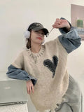 Autumn Winter New Design Women Sweaters Long Sleeve Denim Stitching Knit Pullover Japanese Sweet