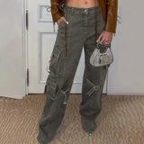 Vintage Streetwear Y2K Pink Baggy Cargo Pants 90s Fashion Big Pocket Trim Wide-Leg Full Length High Waist Trousers