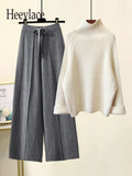 Two Piece Sets Women Winter Korean Casual Turtleneck Knitted Sweater And Wide Leg Knitting Pants Suits Women Homewear