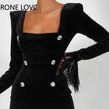 Women Solid Elegant Button Flannel Flare Sleeves Lace Hem Mini Working Black Blazer