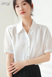 Women Shirts V-neck Short Puff Sleeve Chiffon Thin Shirt 2023 Summer Loose Button Women Tops Blouses Solid Woman