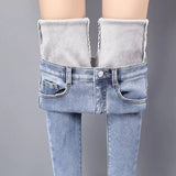Warm Slim Fit Pencil Pants Women Thicken Fleece Skinny Jeans Pants For Women leisure High Waist Elastic Denim