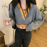 Retro V Neck Sweaters Women Patchwork Cropped Pullovers Streetwear Korean Fashion Loose Casual Long Sleeve Jumpers