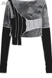 Patchwork Crop Bodycon T Shirt Women Long Sleeve Streetwear Chic Tees O Neck Ins 2023 Ulzzang Casual Loose Tide