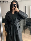 Spring Autumn Long Oversized Black Leather Trench Coat for Women Sashes Single Button Loose Stylish Korean Fashion