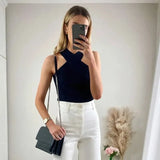 Black Simple Cross Strap Knitted Tanks Top 2021 New Summer Camisole Sleeveless Underwear Overlapping