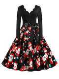 Women Winter Long Sleeve Vintage Christmas Dress Black Red Print V Neck Sexy Xmas Party Dress Robe 3XL Elegant
