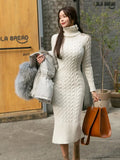 Women's New Knitted Turtleneck Long Sleeve Slim and Slim Mid-length Over-the-knee Dress In Autumn Winter White Dress Sweater