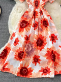 Vintage Women Printed Dresss Sexy Square Collar Short Puff Sleeve High Waist A-Line Vacation Beach Vestidos Female
