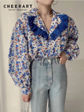 Spring 2022 Floral Lantern Sleeve Korean Fashion Blouse Women Long Sleeve Top Lapel Blue Black Loose Shirt