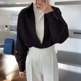 Elegant Vintage Blouses Women Chic Long Sleeve V Neck Tops Office White Loose No Buttons Shirts Harajuku Outerwear