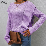 knitted vintage white pullovers Women's Sweaters wither Fashionable Hollow Knitwear with ruffles sweater women