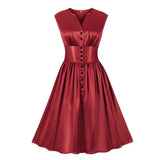Vintage Sleeveless Satin Pleated Retro Dress Women Bandage Button Front Swing Pinup Casual Summer 50s Dresses Robe