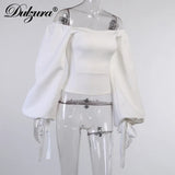 Solid Women Lantern Sleeve Crop Top Off Shoulder Lace Up Elegant Party Streetwear 2021 Spring Summer Top