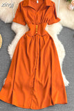 Vintage Women Midi Dress Elegant Pink/Orange/Green Polo Collar Short Sleeve High Waist A-Line Vestidos Female New
