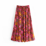 Queens Fashion Hippie Women Beach Bohemian Red Floral Print Skirt High Elastic Waist A-Line Boho Maxi Skirts