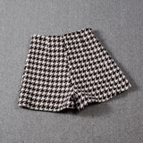 2021 Winter Autumn Houndstooth Woolen Plaid Shorts For Women High Waist Casual Grid Wide Leg Short Pants Ladies
