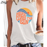 Comes The Sun Printed Funny Women T Shirt Sleeveless Round Neck Summer T Shirt Femme Clothes Vintage Graphic Tees Tops