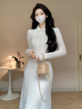White Knitted Dresses for Women 2023 Autumn Winter Korean Fashion Slim A-line Long Sleeves Sweater Casual Female