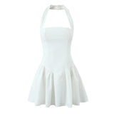 Solid Halter Slash Collar Mini Dress- Outfit
