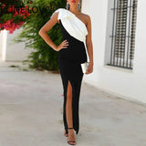 Women Elegant Gradient colour One Shoulder Sashes High Silt Folds Sexy Party