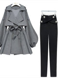 Office Ladies Elegant 2 Piece Sets Women Korean FashionTurn-down Iantern Long Sleeve Trench Coat And Bodycon Pants