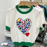 Large 2XL Comfort Cotton Knitted T Shirts Cute Love Heart Print Graphic Tee Korean Japan Fashion Office Ladies Tops