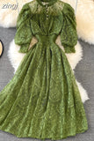 Women Lace Dress Spring Summer Elegant Stand Collar Puff Sleeve High Waist Party Vestidos Female Runway Robe 2023
