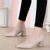 Heels Pointed Toe Pumps Shoes Women Leather Med Heels V Mouth Casual Office Lady OL Shoes 5 cm