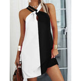 Autumn Halter Neck Leopard Mini Dress Sexy Vintage Vestidos De Fiesta Patchwork Print Sleeveless Beach Casual Dress
