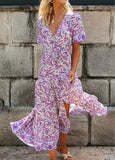 Queens Women Purple Floral Print Beach Bohemian Rayon Maxi Dresses Ladies V Neck Button Boho Pleated Dress