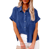 Summer New Women's Solid Color Linen Shirt Short Sleeve Casual Loose