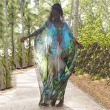Multicolored Bohemian Floral Printed V-neck Chiffon Bats Sleeve Long Summer Beach Dress Women Beachwear Maxi Dresses