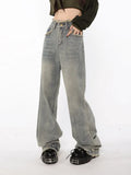 Waist Straight Tube Washed Jeans Women's Vintage Raw Edge Baggy Denim Pants Streetwear American Style Wide Leg