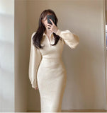 and Winter Retro Korean Version of Long-sleeved Knitted Dress Women's Zipper Lapel Elegant Warm Mid-length Jumpsuit