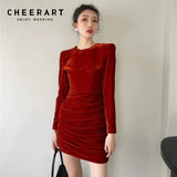 Red Puff Sleeve Velvet Dress Women Long Sleeve Bodycon Ruched Korean Fashion Ladies Mini Elegant Evening Dress
