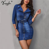 Spring autumn Denim Dress Women Brand High elasticity Slim elegant Dresses Cowboy vintage Button Midi Bodycon dress