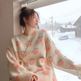 Flocking Cute Jacquard Pattern Sweater Women Korean Style Loose Lazy Style Top All-match Casual Trend Lady Long