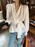 Xixi 13 Line 2025 Spring New Strap Solid Loose Shirt Long-Sleeved Top Woman