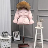 Large Natural Raccoon Fur Winter Jacket Women 90% White Duck Down Coats Thick Warm Parkas Sash Tie Up Short Snow