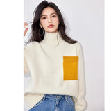 Women's Fall Winter Turtleneck Knitted Sweater Chic Design Style Patchwork Pocket Pullover 2023 Fashion Aesthetic Soft