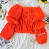 Off Shoulder Pleated Shirts Women Korean Sweet Fluffy Big Puff Sleeve Tops Elegant Vintage Solid Backless Chiffon