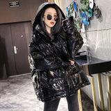 New Hooded Glossy Winter Down Cotton Padded Jacket For Women Thick Bright Black Shiny Jacket black Parkas fashion