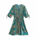Queens Women Floral Print Lace-up Beach Bohemian Mini Sundress Ladies Front Button Neck Summer Boho Dress