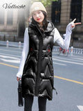 Winter Long Vest Women's Solid Hooded Padded Ladies Casual Sleeveless Waistcoat Jacket Warm Quilted Vest for
