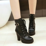 Women Comfy Platform Square High Heel Boots Fashion Round Toe Buckle Fall Winter Ankle Boots Black Brown