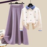 Knitted Two Piece Set Womens Outfits Korean Casual Turn Down Collar Long Sleeve Embroidery Knitted Sweater+skirts