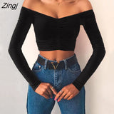 Women Solid Color Skinny Slim Fit Sexy Off Shoulder Long Sleeve V neck T Shirts Spring Autumn Short