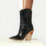 Women Boots Pu Leather Wedge High Heel Ankle Boots Pointed Toe Winter Cowboy Boots Fashion Western Boots Black White
